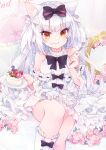  1girl absurdres animal_ear_fluff animal_ears azur_lane bare_shoulders black_bow bow cake cat_ears cat_girl closed_mouth dress dress_bow flower food food_on_face fork frilled_dress frills hair_bow highres holding holding_fork holding_plate long_hair looking_at_viewer official_alternate_costume pillow pink_flower pink_rose plate rose shichijou_natori smile solo white_dress white_hair yellow_eyes yukikaze_(azur_lane) yukikaze_(sovereign_of_the_swing)_(azur_lane) 