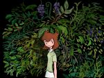  1girl bianca_(pokemon_heroes) black_background brown_eyes brown_hair closed_mouth commentary_request flipped_hair fufu8484 green_shirt highres leaf looking_at_viewer miniskirt plant pokemon pokemon_(anime) pokemon_(classic_anime) pokemon_heroes:_latios_&amp;_latias shirt short_hair short_sleeves skirt smile solo standing upper_body vines white_skirt 