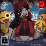  1girl black_gloves black_hair black_shirt commentary_request crop_top dj ear_ornament ear_tag emoji gloves hair_between_eyes hand_up highres jacket kotoba_asobi_(synthesizer_v) long_bangs long_hair long_hair_between_eyes long_sleeves looking_at_viewer mixing_console multicolored_jacket niwa281019 one_eye_closed open_clothes open_jacket open_mouth red_eyes red_jacket shirt smile solo synthesizer_v tongue tongue_out twitter_username two-tone_jacket vimalion_pro white_jacket yi_xi_(synthesizer_v) 