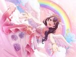  1girl angel_wings beckoning bracelet cherub choker cupid dress dutch_angle earrings fake_wings feathers flower game_cg hair_over_shoulder headpiece jewelry long_hair looking_at_viewer official_art purple_eyes purple_hair rainbow reaching reaching_towards_viewer rose shoujo_kageki_revue_starlight shoujo_kageki_revue_starlight_-re_live- solo tomoe_tamao upper_body white_dress white_wings wings 