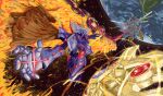  armor bryweludramon digimon digimon_(creature) durandamon earth_(planet) fewer_digits fire helmet highres knight name_connection nimadj planet purple_armor purple_helmet ragnalordmon ragnamon shield solo_focus space sword weapon 