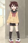  1girl arm_at_side black_sailor_collar black_skirt black_socks blush breath brown_eyes brown_hair buttons cardigan collarbone commentary_request door embarrassed flat_chest full_body hallway highres indoors kneehighs long_sleeves looking_at_viewer miniskirt neckerchief nose_blush open_mouth original pee peeing peeing_self pigeon-toed pleated_skirt ponnu_(tnpn2yw) puddle raised_eyebrows red_neckerchief sailor_collar school school_uniform serafuku shoes short_hair sidelocks skirt socks solo standing steam white_shoes yellow_cardigan 