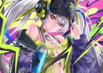  1girl bare_shoulders baseball_cap black_bra black_hat bra breasts closed_mouth colorful_background commentary_request grey_hair hair_between_eyes hand_on_own_hat hat holding holding_spray_can jacket long_hair looking_at_viewer luna:_oblivion_(graffiti_code)_(pgr) luna_(pgr) navel nekotori_(nekotori221) off_shoulder official_alternate_costume open_clothes open_shirt punishing:_gray_raven purple_jacket red_eyes see-through_clothes see-through_shirt shirt small_breasts solo spray_can stomach twintails underwear upper_body yellow_shirt 
