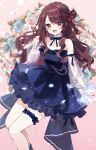  1girl :d aisu_(i_ce_pinon_pino) bare_shoulders blue_bow blue_bowtie blue_dress blush bow bowtie braid brown_hair choker commentary_request commission cowboy_shot detached_sleeves dress flower frilled_dress frills hair_between_eyes hair_ribbon highres long_hair looking_at_viewer open_mouth original petals red_eyes ribbon skeb_commission smile solo strapless strapless_dress swept_bangs thigh_strap 