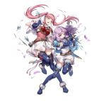  2girls armor arrow_(projectile) attack battle_damage belt black_thighhighs blue_boots blue_cape blue_gloves blue_thighhighs blush boots bow_(weapon) breastplate breasts brown_belt cape circlet closed_mouth commentary dagger damaged dress elbow_gloves english_commentary fighting_stance fingerless_gloves fire_emblem fire_emblem:_the_blazing_blade fire_emblem:_three_houses fire_emblem_heroes florina_(fire_emblem) florina_(skyward_wings)_(fire_emblem) gloves gomashio_ponz green_eyes hairband headband hilda_valentine_goneril hilda_valentine_goneril_(skyward_wings) holding holding_bow_(weapon) holding_dagger holding_knife holding_weapon knife long_hair looking_at_viewer multiple_girls official_alternate_costume official_art one_eye_closed open_mouth pink_dress pink_eyes pink_hair purple_hair quiver sheath short_sleeves shoulder_armor simple_background thigh_boots thighhighs torn_clothes twintails weapon white_background white_cape white_dress white_hairband white_headband 