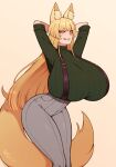  1girl animal_ear_fluff animal_ears arms_behind_head arms_up blonde_hair blunt_bangs blunt_ends breasts commentary curvy english_commentary feet_out_of_frame fox_ears fox_girl fox_tail green_sweater grey_pants highres huge_breasts leaning_forward licking long_hair looking_at_viewer narrow_waist original pants pink_eyes ribbed_sweater sidelocks simple_background skin_tight smile solo suspenders sweater sweater_tucked_in tail taut_clothes the_scarlet_devil tight_clothes tight_pants tongue yellow_lips 