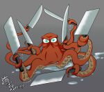 2018 blue_eyes disney feral finding_dory finding_nemo giant_pacific_octopus grey_background hai_xiaolu hank_(finding_dory) holding_object holding_weapon knife looking_at_viewer male orange_body orange_tentacles pixar simple_background solo tentacles weapon