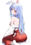 1girl absurdres animal_ears ass blue_hair commentary extra_ears from_behind full_body hakama hakama_skirt highres hikimayu hololive japanese_clothes kimono long_hair looking_at_viewer looking_back miko no_shoes off_shoulder open_mouth orange_eyes rabbit-shaped_pupils rabbit_ears rabbit_girl red_hakama short_eyebrows shuvi_(shuvi1125) simple_background skirt socks solo symbol-shaped_pupils thick_eyebrows usada_pekora very_long_hair virtual_youtuber white_background white_kimono white_socks 