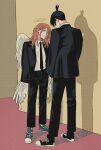  2boys absurdres amputee angel_devil_(chainsaw_man) angel_wings another armless_amputee black_hair black_necktie black_shoes black_suit blue_shoes chainsaw_man collared_shirt double_amputee florbetriz hair_over_one_eye halo hayakawa_aki highres looking_at_another looking_down looking_up medium_hair multiple_boys necktie orange_eyes orange_hair parted_bangs shadow shirt shoes simple_background suit topknot white_shirt wings 