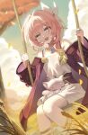  1girl animal_on_lap bare_shoulders blue_eyes blue_sky breasts chimera_(honkai:_star_rail) coat commentary cyrene_(honkai:_star_rail) cyrene_(philia093)_(honkai:_star_rail) falling_leaves highres honkai:_star_rail honkai_(series) jewelry leaf looking_at_viewer lvf3vr medium_breasts multicolored_hair necklace on_lap on_swing open_mouth pink_hair purple_coat short_hair sky smile solo swing symbol-only_commentary tree two-tone_hair wheat white_hair 