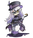  1girl :3 absurdres black_bow black_coat black_hair black_jacket blue_eyes bow bowtie braid breasts cane chibi closed_mouth coat commentary_request feathers full_body gloves goddess_of_victory:_nikke grey_hair half_mask hat hat_bow head_tilt heterochromia highres holding holding_cane jacket kokee12 korean_commentary long_hair long_sleeves looking_at_viewer mask medium_breasts multicolored_hair pants phantom_(nikke) purple_bow purple_hair shadow shirt side_braid simple_background smile solo standing thigh_strap top_hat two-tone_hair very_long_hair white_background white_gloves white_hair white_pants yellow_eyes 