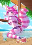  1girl :3 absurdres alternate_costume animal_ears ass beach bikini breasts cake cat_busters cat_ears cat_girl cat_tail cheshire_(cat_busters) cocktail commentary food from_behind furry furry_female heterochromia highres katadora lipstick_mark long_hair looking_at_viewer medium_breasts ocean outdoors pawpads pink_fur pink_hair red_bikini sideboob sitting sky solo striped_tail swimsuit tail very_long_hair wariza water 