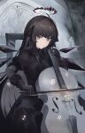  1girl absurdres arknights beamed_eighth_notes black_dress black_eyes black_gloves black_hair black_halo bow_(music) closed_mouth commentary_request crying crying_with_eyes_open detached_wings double_bass dress eighth_note elbow_gloves gloves halo highres holding holding_bow_(music) instrument light_particles light_smile long_hair long_sleeves music musical_note official_alternate_costume partial_commentary playing_instrument solo talz tears virtuosa_(arknights) virtuosa_(funeral)_(arknights) wings yellow_pupils 