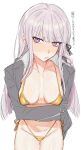  1girl :t bikini black_gloves black_ribbon blunt_bangs blush braid breasts breasts_apart collarbone collared_shirt cowboy_shot crossed_arms danganronpa:_trigger_happy_havoc danganronpa_(series) embarrassed gloves gold_bikini groin hair_ribbon highleg highleg_bikini highres jacket kirigiri_kyoko long_hair long_sleeves medium_breasts micro_bikini navel open_clothes open_jacket purple_eyes purple_hair ribbon shiny_swimsuit shirt side-tie_bikini_bottom side_braid smile solo stomach string_bikini suisogenshi sweat swimsuit v-shaped_eyebrows white_background white_shirt 