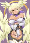  :o areola_slip areolae blonde_hair bracelet breasts colorized covered_nipples dark_skin elbow_gloves gloves head_wings highres jewelry large_breasts lilith_(shinrabanshou) open_mouth panties pointy_ears shinrabanshou short_hair side-tie_panties skindentation slit_pupils solo underwear white_gloves wings yellow_eyes zin_(goraku_hiroba) 