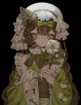  1girl 5masi_o absurdres animal_ear_fluff animal_ears black_background bow brown_hair commission flower green_bow green_eyes green_kimono hat highres holding holding_flower japanese_clothes kimono lolita_fashion long_hair original petals sash simple_background solo twitter_username wa_lolita wavy_hair white_flower white_hat wide_sleeves 