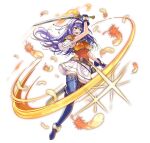  1girl ahoge armor attack belt black_thighhighs blue_boots blue_gloves blue_hair blush boots breastplate breasts brown_belt commentary english_commentary feathers fighting_stance fingerless_gloves fire fire_emblem fire_emblem:_path_of_radiance fire_emblem:_radiant_dawn fire_emblem_heroes full_body gloves green_eyes hairband headband holding holding_sword holding_weapon long_hair looking_at_viewer mia_(fire_emblem) mia_(zenith_challenger)_(fire_emblem) official_alternate_costume official_art okuma_mai open_mouth orange_shirt purple_hair scabbard sheath shirt short_sleeves shoulder_armor simple_background skirt smile solo sparkle sword thigh_boots thighhighs thighs third-party_source weapon white_background white_hairband white_headband white_shirt white_skirt 