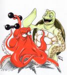 2019 blue_eyes brown_shell cheloniid crush_(finding_nemo) disney duo exercise feral finding_dory finding_nemo gesture giant_pacific_octopus green_body green_eyes green_fins green_sea_turtle hai_xiaolu hank_(finding_dory) male male/male open_mouth orange_body orange_tentcle pixar reptile scalie sea_turtle shell simple_background tentacles turtle watermark waving weightlifting white_background workout