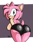 accessory amy_rose anal anal_penetration anthro areola big_breasts big_butt black_bottomwear black_clothing black_nose black_shorts blush bottomwear breasts butt buttplug buttplug_in_ass buttplug_insertion camel_toe clothed clothing eulipotyphlan eyelashes female fur green_eyes hair hair_accessory hairband head_tuft hedgehog hi_res looking_at_viewer looking_back looking_back_at_viewer mammal object_in_ass one_eye_closed penetration pink_areola pink_body pink_fur pink_hair plug_(sex_toy) plug_insertion purple_background sega sex_toy sex_toy_in_ass sex_toy_insertion short_hair shorts simple_background solo sonic_the_hedgehog_(series) tan_body tan_fur thick_thighs tongue tongue_out topless tuft white_background wide_hips wink winking_at_viewer xenrevv