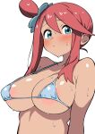  1girl areola_slip bikini blue_bikini blush breasts closed_mouth commentary_request dark-skinned_female dark_skin ecgg_(tsuji418477) highres large_breasts looking_at_viewer micro_bikini one_side_up pokemon pokemon_bw red_hair sidelocks simple_background skyla_(pokemon) solo strap_gap swimsuit upper_body white_background 