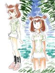  1girl bianca_(pokemon_heroes) black_socks brown_eyes brown_hair closed_mouth day flipped_hair fufu8484 green_shirt highres looking_up miniskirt mosaic_background multiple_views open_mouth outdoors pokemon pokemon_(anime) pokemon_(classic_anime) pokemon_heroes:_latios_&amp;_latias shirt shoes short_hair short_sleeves skirt smile socks solo sparkle sparkle_background standing tree water white_background white_skirt 