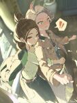  ! !! 1boy 1girl ahoge belt blonde_hair blue_eyes blue_shirt blush brown_hair brown_jacket commentary_request couple curtains full-face_blush green_shirt harmony_(pokemon) heart highres holding hug hug_from_behind jacket jacket_on_shoulders multicolored_hair no_headwear nownnownn open_clothes open_jacket pants pokemon pokemon_legends:_z-a shirt short_hair signature spoken_exclamation_mark urbain_(pokemon) vase window 