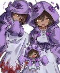  +++ 1girl blood blood_on_clothes blush brown_hair chibi chibi_inset coat commentary_request dark-skinned_female dark_skin dress e.g.o_(project_moon) fang hair_between_eyes heart highres hood hood_up hooded_coat i'll_go_fer_scissors._how_'bout_you?_(e.g.o) large_buttons limbus_company looking_at_viewer multiple_views notice_lines open_mouth outis_(project_moon) patchwork_clothes pin project_moon purple_coat purple_hood ro/ku short_hair simple_background skin_fang sleeves_past_fingers sleeves_past_wrists smile sparkle sparkling_aura twitter_username white_background white_dress yellow_eyes 