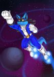 blue_body blue_bodysuit blue_clothing blue_fur blue_skinsuit blue_spandex bodysuit boots clothing cosmic_background flying footwear fur generation_4_pokemon gloves handwear hi_res john_fell lucario male nintendo pokemon pokemon_(species) rocket_boots rukario71_(character) shoes skinsuit solo space space_background spandex tight_clothing white_clothing white_gloves white_handwear yellow_eyes
