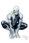  1boy 2010 bodysuit commentary covered_abs english_commentary english_text greyscale jim_cheung male_focus marvel monochrome muscular muscular_male sketch solo spider-man spider-man_(series) spider_web_print squatting superhero_costume third-party_source western_comics_(style) white_background 