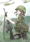  1girl 1other 1st_cavalry_division absurdres aircraft ammunition_pouch artist_name assault_rifle bayonet black_boots boots brown_hair camouflage camouflage_headwear canteen chevron_(symbol) combat_boots combat_helmet commentary_request cross day from_behind full_body grass green_eyes green_helmet green_pants green_shirt gun gun_sling hair_ornament hairclip helicopter helmet highres holding holding_gun holding_weapon insignia kneeling knife knife_sheath load_bearing_equipment load_bearing_vest long_hair looking_at_viewer m16 m16a1 m1_helmet machine_gun military military_combat_uniform military_fatigues military_rank_insignia military_uniform military_vehicle nature on_grass open_mouth original outdoors pants pants_tucked_in patch pouch purple_eyes red_cross revision rifle savankov sheath sheathed shirt shoe_soles shoulder_patch sky sleeves_rolled_up soldier solo_focus uh-1_iroquois unit_patch united_states_army vietnam_war weapon white_sky x_hair_ornament 