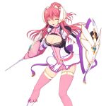  1girl :d ^_^ boots bow breasts cleavage cleavage_cutout closed_eyes clothing_cutout dress en_ciel_rena en_ciel_rena_(sin) facing_viewer game_cg hair_between_eyes hair_ornament holding holding_shield holding_sword holding_weapon kourin_tenshi_en_ciel_rena large_breasts large_variant_set long_hair long_sleeves non-web_source official_art open_mouth pink_hair pink_skirt pink_thighhighs ponytail rapier red_hair saitou_natsuki shield short_dress skirt smile solo suhamaya sword thighhighs tomoe_rena transparent_background variant_set weapon zettai_ryouiki 