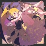  1girl ankle_lace-up bare_shoulders barefoot black_border black_dress blonde_hair blush border breasts cleavage commentary_request demon_girl demon_wings dress feet full_body grin highres large_breasts legs_up long_hair looking_at_viewer magia_record:_mahou_shoujo_madoka_magica_gaiden mahou_shoujo_madoka_magica outside_border petals ponytail red_eyes serizawa_serizane smile soles solo strapless strapless_dress toes togame_momoko twitter_username wings 