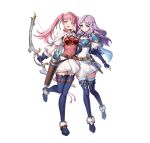 2girls armor arrow_(projectile) belt black_thighhighs blue_boots blue_cape blue_gloves blue_thighhighs blush boots bow_(weapon) breastplate breasts brown_belt cape circlet closed_mouth commentary dagger dress elbow_gloves english_commentary fingerless_gloves fire_emblem fire_emblem:_the_blazing_blade fire_emblem:_three_houses fire_emblem_heroes florina_(fire_emblem) florina_(skyward_wings)_(fire_emblem) gloves gomashio_ponz green_eyes hairband headband hilda_valentine_goneril hilda_valentine_goneril_(skyward_wings) holding holding_bow_(weapon) holding_weapon knife long_hair looking_at_viewer multiple_girls official_alternate_costume official_art open_mouth pink_dress pink_eyes pink_hair purple_hair quiver sheath sheathed short_sleeves shoulder_armor simple_background smile thigh_boots thighhighs twintails weapon white_background white_cape white_dress white_hairband white_headband 