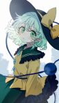  1girl absurdres artist_name black_hat bow collared_shirt commentary cowboy_shot dated eyeball fafa frilled_shirt_collar frilled_sleeves frills green_eyes green_hair green_skirt hat hat_bow highres komeiji_koishi long_sleeves looking_at_viewer medium_hair open_mouth shirt skirt solo third_eye touhou wide_sleeves yellow_bow yellow_shirt 