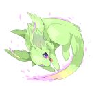  animal_focus choko_(sweetpocket) commentary_request creature creature_focus dragon fang full_body furred_dragon green_fur no_humans open_mouth original purple_eyes simple_background solo tachi-e white_background wings 