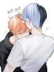  2boys alternate_costume aoyagi_touya blue_hair blush closed_eyes commentary_request covered_mouth fingernails hand_on_another's_head hand_up headpat highres hug male_focus multicolored_hair multiple_boys ono_z orange_hair project_sekai shinonome_akito shirt short_hair short_sleeves simple_background split-color_hair two-tone_hair upper_body white_background white_shirt yaoi 