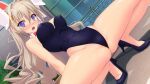  1girl animal_ears bare_legs bare_shoulders black_leotard blonde_hair blush bow bowtie breasts bush covered_navel covered_nipples detached_collar dutch_angle earrings embarrassed fake_animal_ears fence game_cg genseishinki_sacred_virth hair_between_eyes hair_intakes hair_ornament high_heels highleg highleg_leotard jewelry large_breasts large_variant_set leaning_back leotard long_hair looking_at_viewer no_socks non-web_source nose_blush official_art open_mouth outdoors playboy_bunny purple_eyes rabbit_ears red_bow red_bowtie shoes solo spread_legs squatting strapless strapless_leotard sweat tierna_aeride_throne variant_set very_long_hair wavy_hair yuugure_pairo 