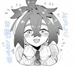  1boy :3 :d ^^^ ahoge clenched_hands commentary_request crossed_bangs excited greyscale hair_between_eyes hairband hands_up jacket kieran_(pokemon) looking_at_viewer male_focus monochrome open_mouth pokemon pokemon_sv portrait short_hair smile solo straight-on teeth translation_request upper_teeth_only uru_mha 