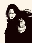  1girl black_hair black_nails black_outline brown_theme finger_gun highres long_hair looking_at_viewer original outline solo straight-on tp_p_pt white_background 