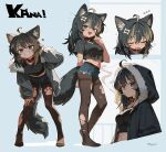  1girl :d absurdres ahoge animal_ear_fluff animal_ears black_hair black_pantyhose black_shirt blue_background blue_eyes blue_shorts bone_hair_ornament breasts brown_hair character_name cigarette closed_eyes closed_mouth collar commentary crop_top cropped_shirt cropped_torso denim denim_shorts double-parted_bangs drooling english_commentary fang full_body fur-trimmed_hood fur-trimmed_sleeves fur_trim grey_jacket grin hair_between_eyes hair_intakes hair_ornament hand_on_own_thigh hand_up heart hepari highres hood hood_down hood_up hooded_jacket jacket leaning_forward long_hair long_sleeves looking_at_viewer medium_breasts midriff mouth_drool multicolored_hair multiple_views navel no_shoes notice_lines open_clothes open_jacket open_mouth original outline pantyhose pantyhose_under_shorts red_collar shirt short_sleeves shorts skin_fang sleeping smile smoke smoking squeans standing streaked_hair tail thighband_pantyhose torn_clothes torn_pantyhose twitter_username two-tone_hair white_outline wolf_ears wolf_girl wolf_tail zzz 