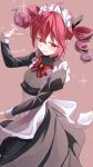  1girl apron black_dress blush commentary dress drill_hair hair_between_eyes highres kasane_teto long_hair long_sleeves looking_at_viewer lryutanl maid maid_apron maid_headdress open_mouth puffy_sleeves red_eyes red_hair solo twin_drills utau 