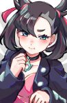  1girl :t asymmetrical_bangs black_choker black_hair black_jacket blush choker commentary_request dress earrings green_eyes hair_ribbon hiyakonko_(wkju5433) jacket jewelry looking_at_viewer marnie_(pokemon) pink_dress pokemon pokemon_swsh pout ribbon simple_background single_earring solo twintails undercut upper_body v-shaped_eyebrows 