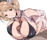  1girl bare_shoulders breasts brown_eyes brown_hair cleavage djeeta_(granblue_fantasy) erect_nipples ewokakuman granblue_fantasy huge_breasts paizuri short_hair 