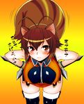  :3 animal_ears antenna_hair bare_shoulders bent_over blazblue blush_stickers boots breasts brown_eyes brown_hair colorized covered_nipples dr.p large_breasts makoto_nanaya multicolored_hair short_hair solo squirrel_ears squirrel_tail streaked_hair tail tail_wagging thigh_boots thighhighs tonfa translation_request weapon 