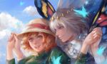  1boy 1girl blue_butterfly blue_eyes blue_sky bug butterfly butterfly_wings cloud commentary cosplay english_commentary fate/grand_order fate_(series) fujimaru_ritsuka_(female) hat highres holding_hands howl_(howl_no_ugoku_shiro) howl_(howl_no_ugoku_shiro)_(cosplay) howl_no_ugoku_shiro insect_wings juliet_sleeves long_sleeves oberon_(fate) oberon_(first_ascension)_(fate) puffy_sleeves renrenka_noi short_hair signature sky sophie_hatter_(howl_no_ugoku_shiro) sophie_hatter_(howl_no_ugoku_shiro)_(cosplay) straw_hat wings 