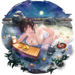  1girl 1other :d animal_ear_fluff animal_ears ass bamboo black_hair bottle breasts chipy cleavage collarbone eyes_visible_through_hair feet floating floating_object food fruit full_moon hair_between_eyes hair_ornament highres hinomiya_shion hinomiya_shion_(source_of_the_scent) holding holding_bottle large_breasts long_hair looking_at_viewer moon mountainous_horizon naked_towel night non-web_source official_alternate_costume official_alternate_hairstyle orange_(fruit) outdoors pagoda partially_submerged poker_fate purple_eyes purple_hair reflection reflective_liquid ripples rock smile thighs towel towel_on_head transparent_background wet 