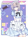  1girl absurdres animal_ears apron black_bow black_bowtie blue_dress blush border bow bowtie bright_pupils cat_ears cat_girl closed_mouth commentary commission dot_nose dress feet_out_of_frame frilled_apron frills gloves green_eyes grey_hair handheld_game_console heart highres indie_virtual_youtuber long_hair looking_at_viewer maid maid_headdress ochino_(vtuber) outside_border ruru_(rurumagi) short_sleeves sitting skeb_commission smile solo sparkle virtual_youtuber white_apron white_border white_gloves white_pupils 