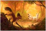  canine forest fox griffsnuff multiple_tails tree yellow_eyes 