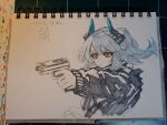  1girl absurdres arknights black_horns black_jacket blue_horns closed_mouth commentary dated dragon_girl dragon_horns english_commentary finger_on_trigger grey_hair gun handgun highres holding holding_gun holding_weapon horns jacket liskarm_(arknights) long_sleeves medium_hair orange_eyes partially_colored photo_(medium) sketch solo stupid_duran traditional_media upper_body weapon 