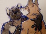 2025 anthro bodily_fluids canid canine duo eyewear face_lick fox glasses gulonine hand_on_back hi_res licking male male/male mammal marten mustelid musteline rayfkm sweat tongue wearing_glasses